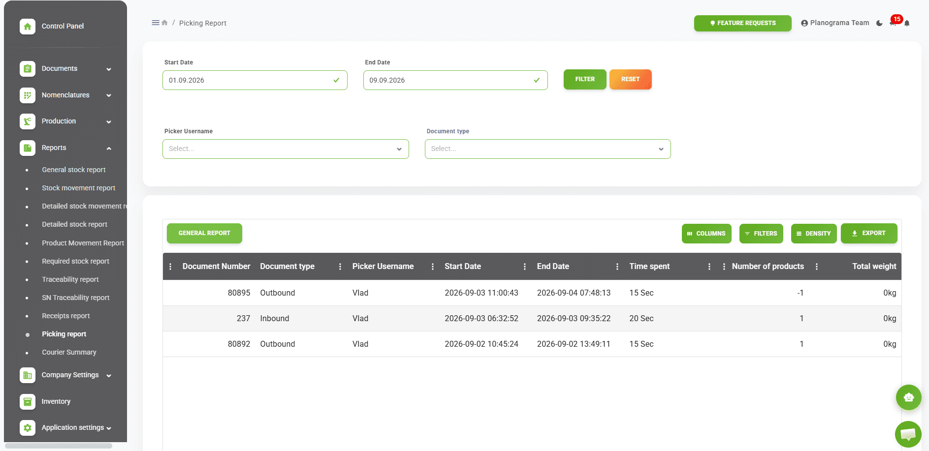 Planograma app dashboard