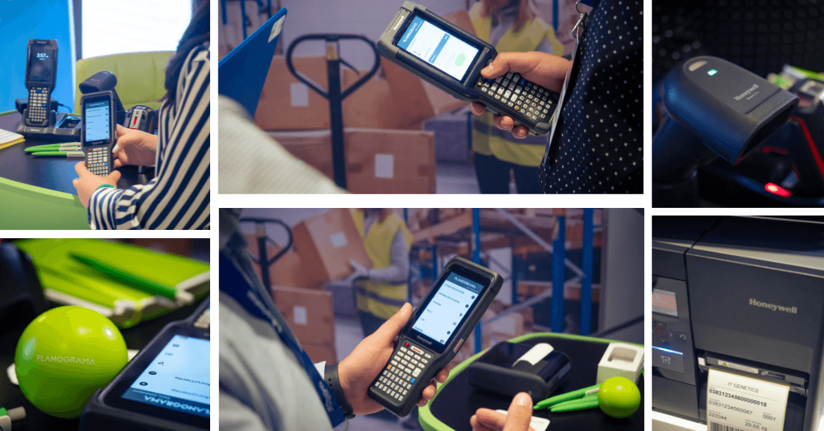 Hands-on demonstrations at the stand: Honeywell handheld computers running the Planograma app, a Honeywell barcode scanner, and a Honeywell printer producing a barcode label