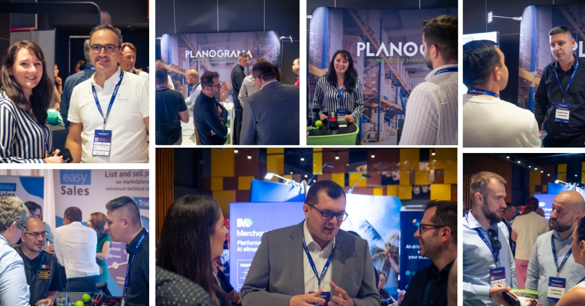 Seven photos of conversations with visitors at the Planograma stand and around the dotCommerce exhibition area