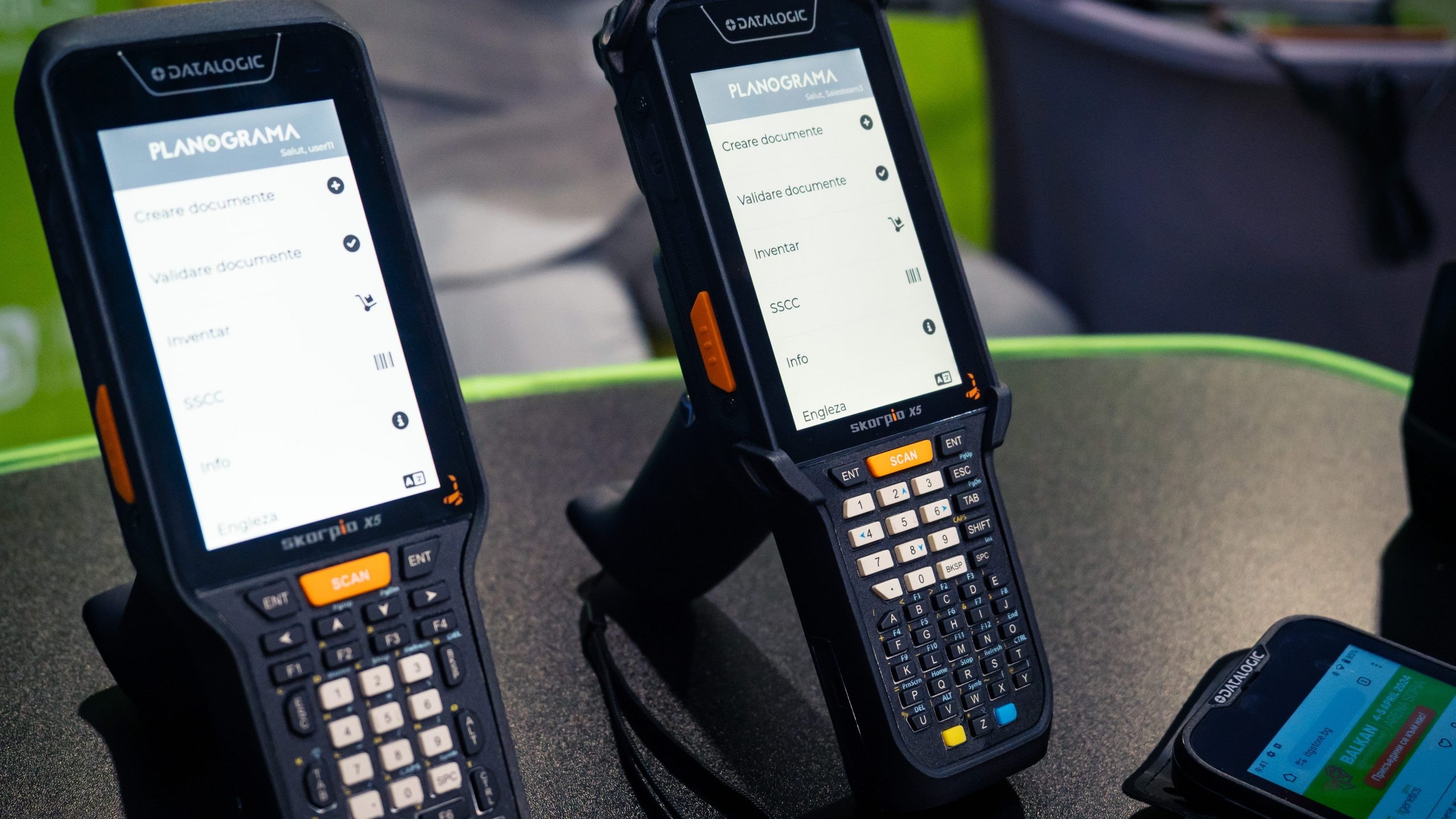 The Planograma app's main menu on two Datalogic handhelds: create documents, validate documents, inventory, SSCC and info