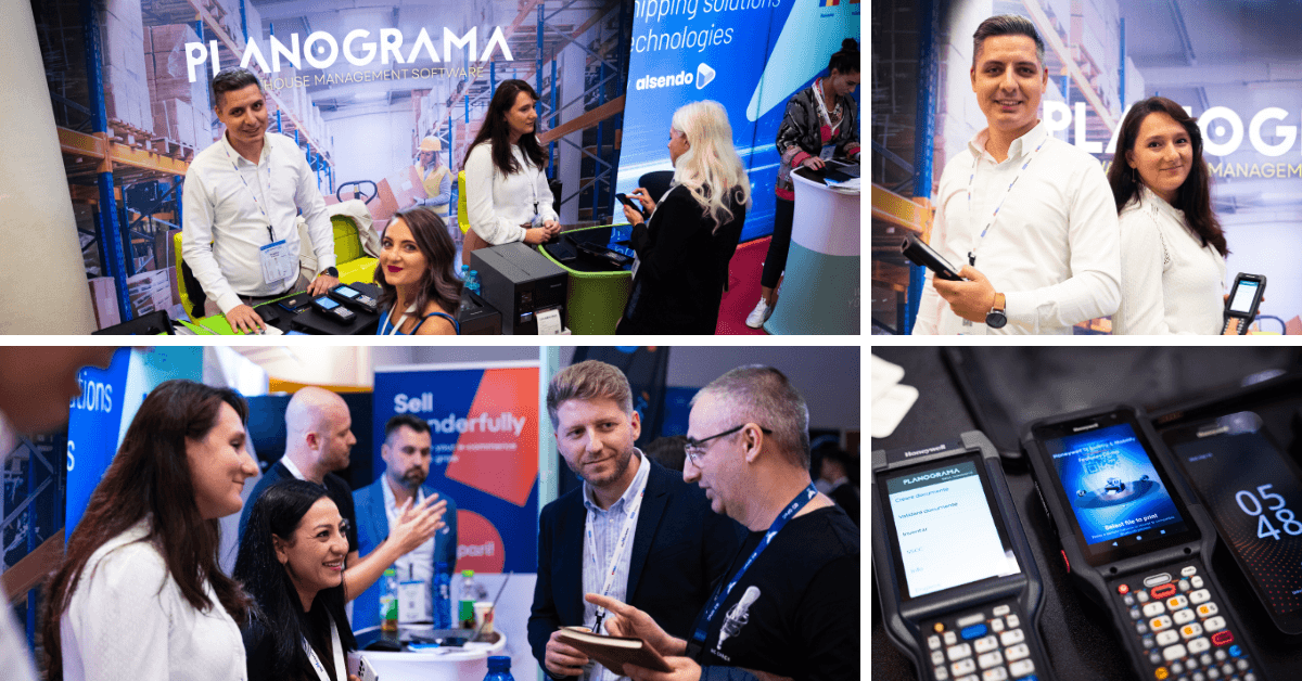 Four photos from eCommerce Talks: visitors talking with staff at the Planograma booth, two staff members holding handheld computers, attendees in conversation, and a close-up of Honeywell handhelds running the Planograma app