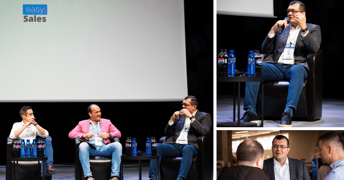 A three-person panel discussion at eCommerce Talks under the easySales logo, with close-ups of one panelist speaking into a microphone and talking with attendees