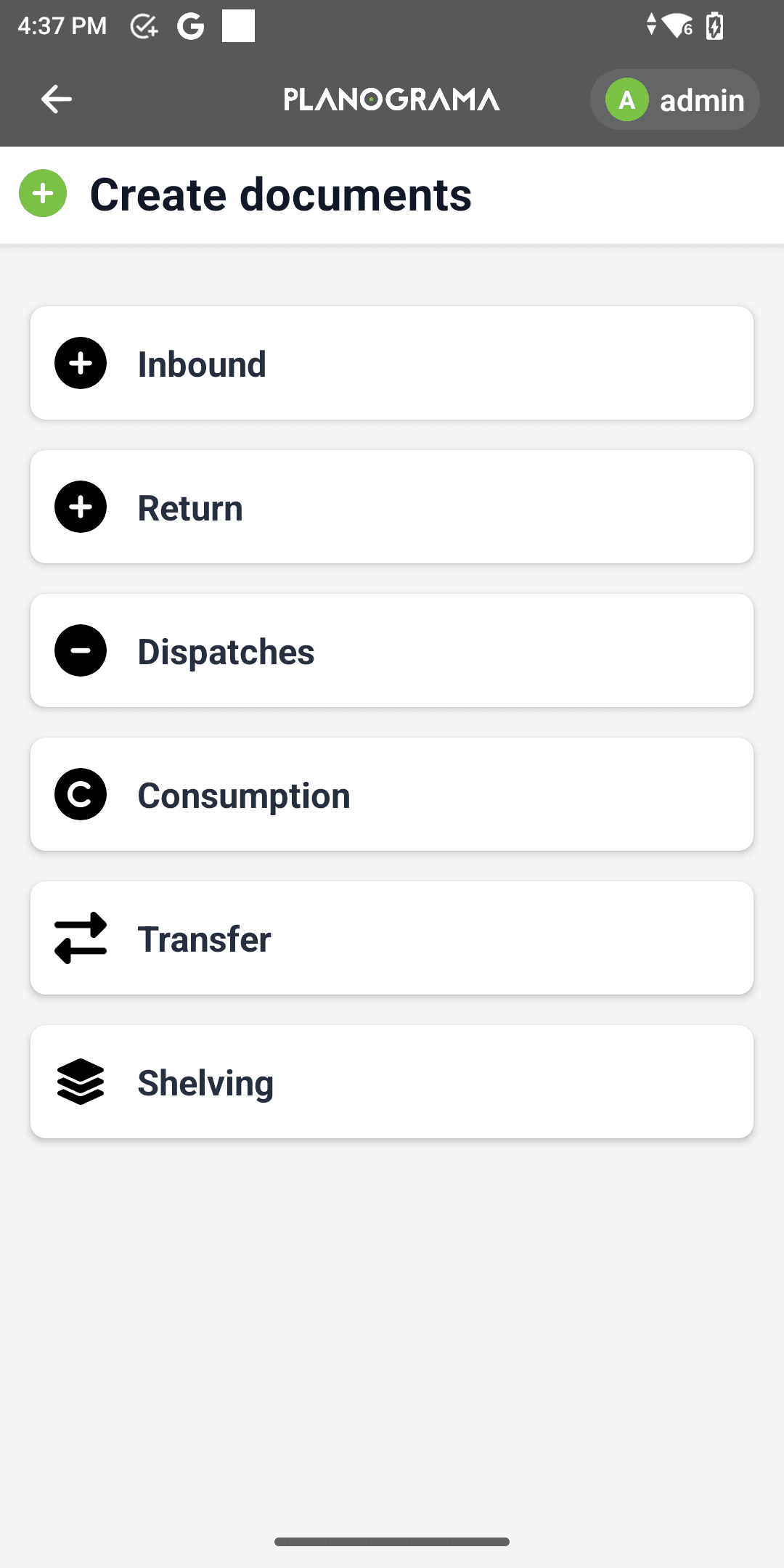 Receipts, returns, dispatches, consumption, transfers and shelving — all raised on the spot.
